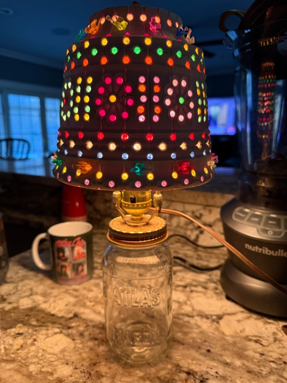 Vintage Handmade Mason Jar Night Light Lamp with Multicolor Punched Plastic Pot